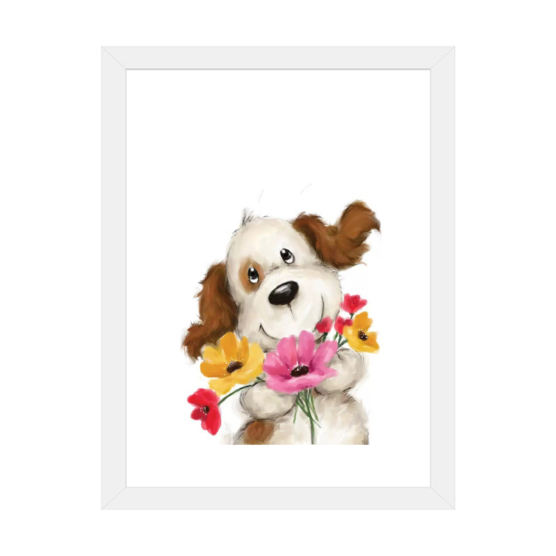 «Dog with Flowers II» par Makiko - reproduction d'art, Papier encadré blanc, Blanc, H 24 po x l 16 po x P 1 po