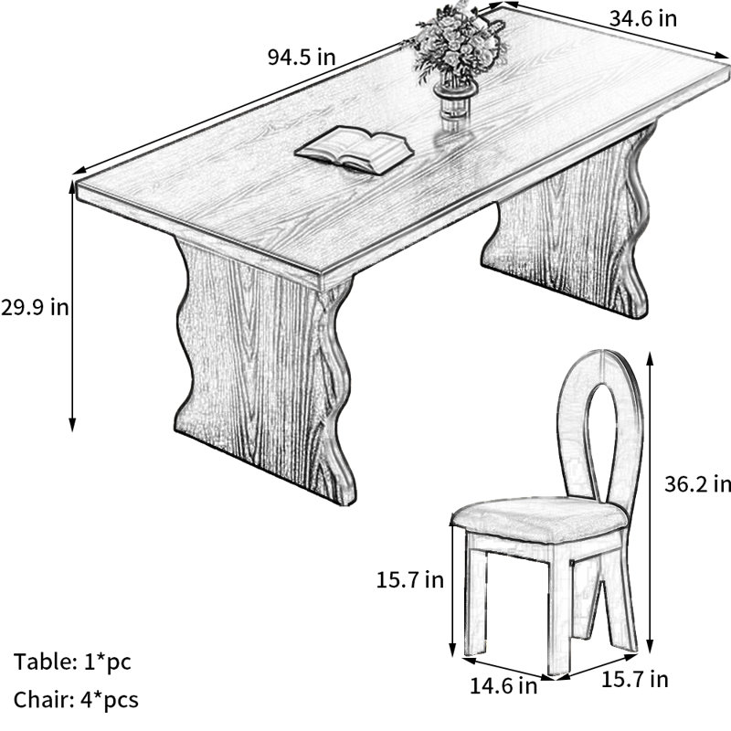 Ensemble de salle à manger Black Wood, H 29,9 po x L 94,5 po x l 34,6 po