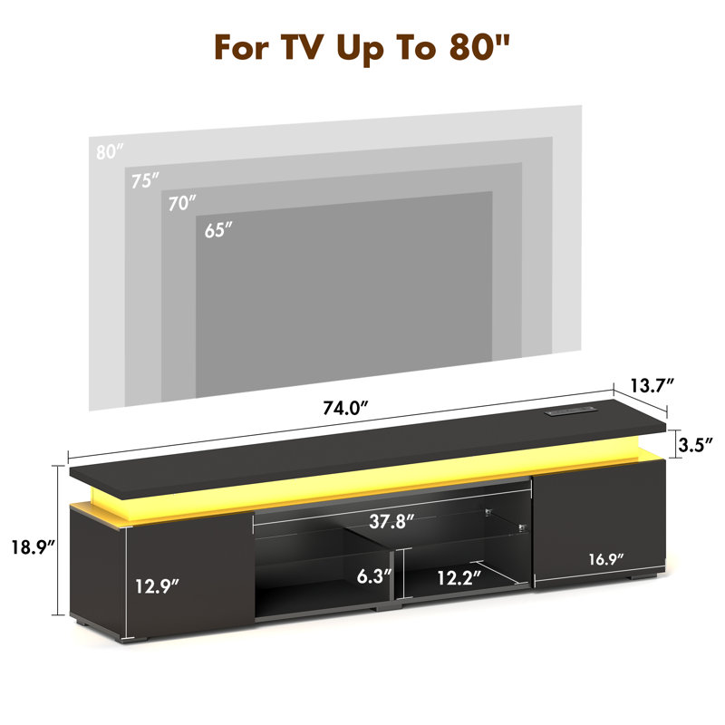 Modern TV Stand with RGB LED Lights for TVs up to 75 80 inch, media console with Power Outlet Entertainment Center for Living Room