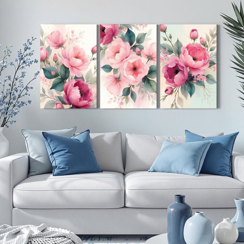 «Blush Pink Peony», reproduction d'art sur toile tendue sur toile (ensemble de 3), H 36 po x l 72 po