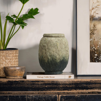 Grand vase rond rustique en terre cuite brun rustique avec fond vert 10 pouces