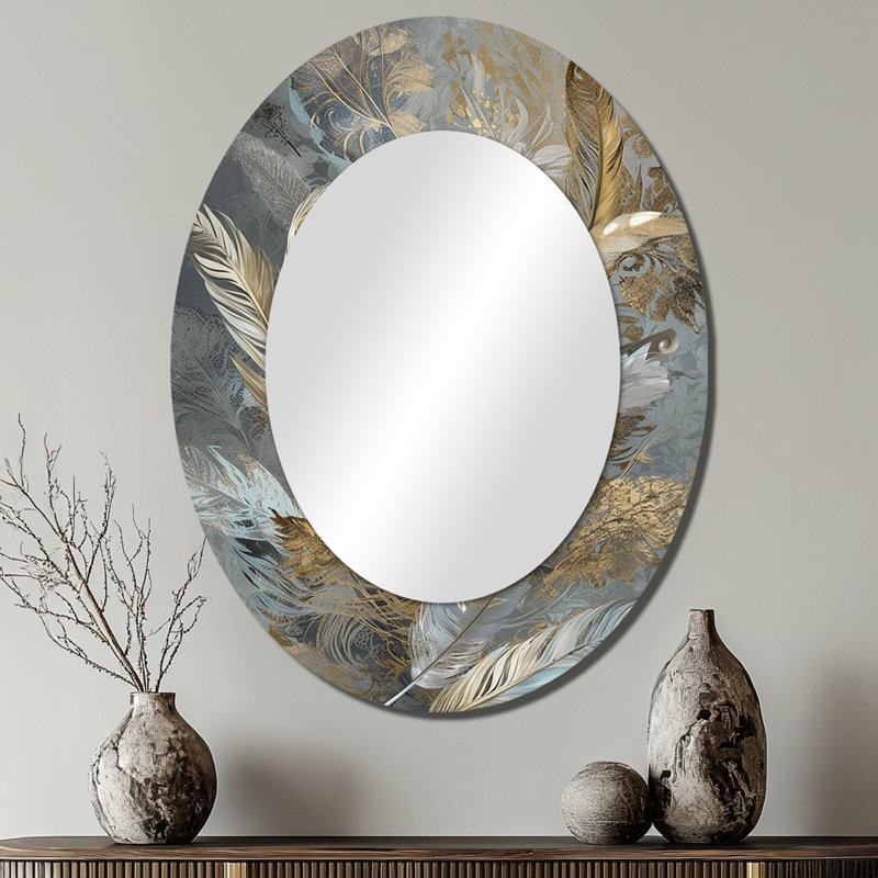 Gold Feather Extravaganza V - Floral Oval Decorative Mirror On Metal, 40" x 30"