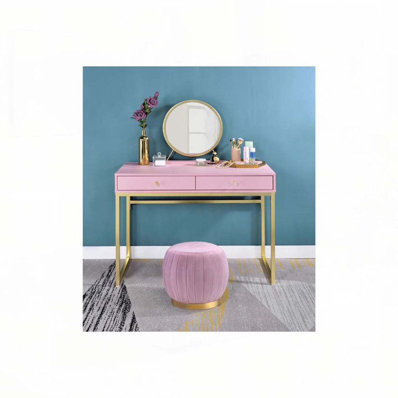 Bureau de coiffeuse 2 tiroirs avec miroir et plateau à bijoux, rose et or