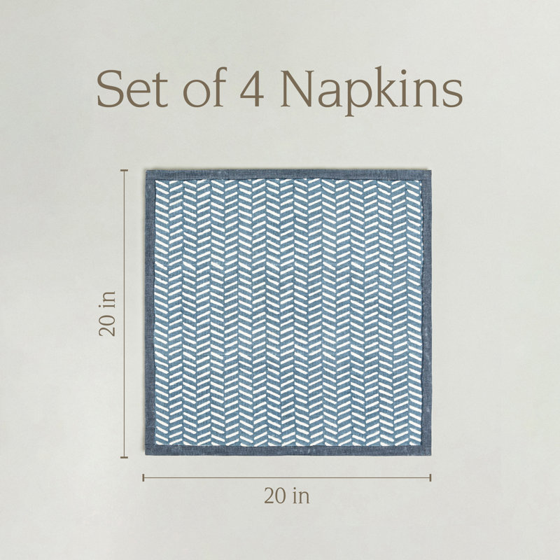 over&back Hand-Blocked Napkins, Set of 4, Blue Herringbone