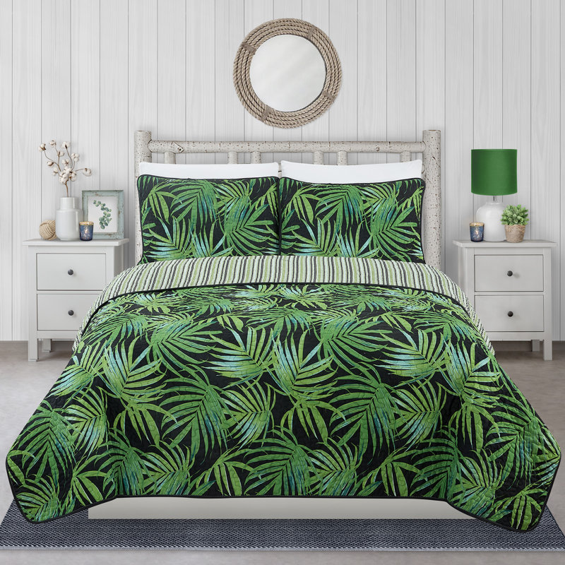 Full Green Palm Leaf Microfiber Quilt Set