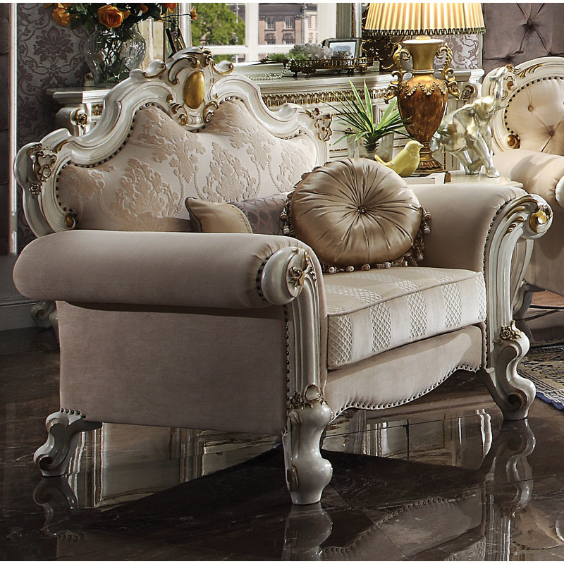 Handcrafted Antique Pearl and Fabric Wood Chair with Pillows