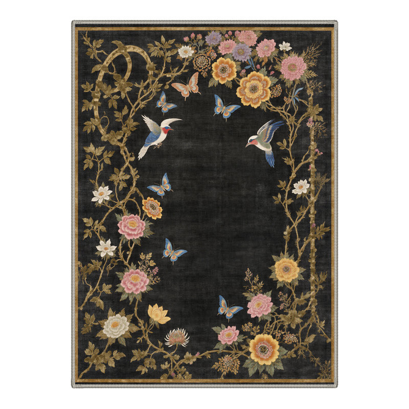 Alfred Avianora Floral Machine Washable Black Indoor Area Rug with Non-Slip Backing, Rectangle 9' x 12'