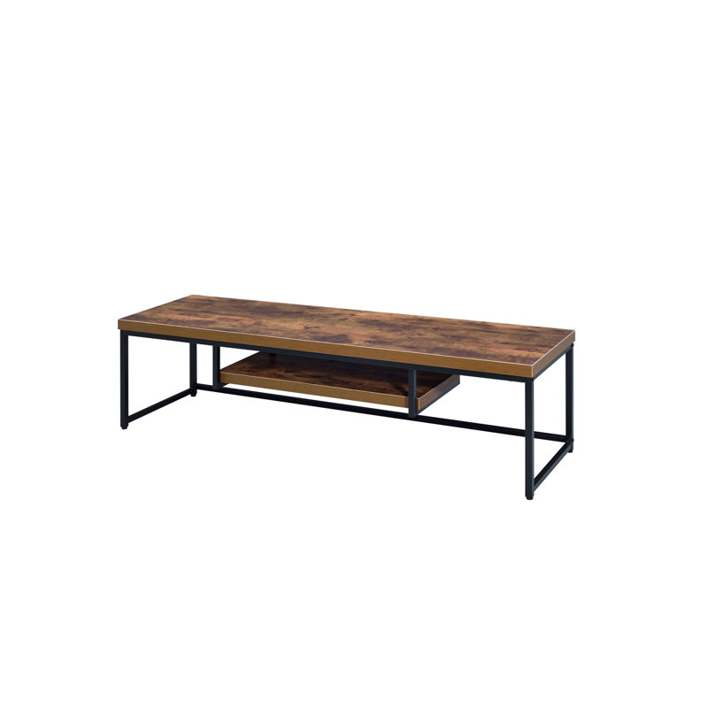 TV Stand with Open Shelf and Metal Sled Base in Weathered Oak and Black