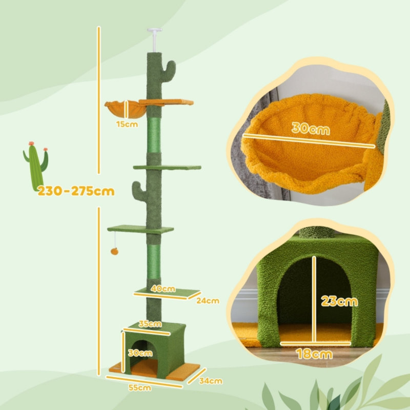 230-275?cm Floor-to-Ceiling Adjustable Cat Tree with Scratching Posts, Hammock & Cat House, Green