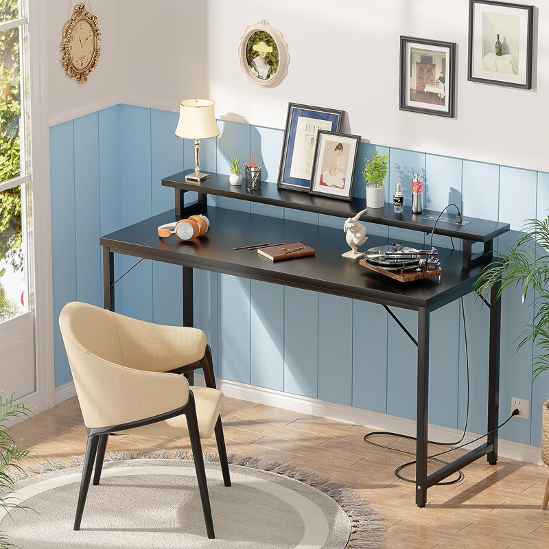 Iancarlo Metal Base Computer Desk with Power Outlet, Black, 33.9" H x 55.1" W x 19.7" D