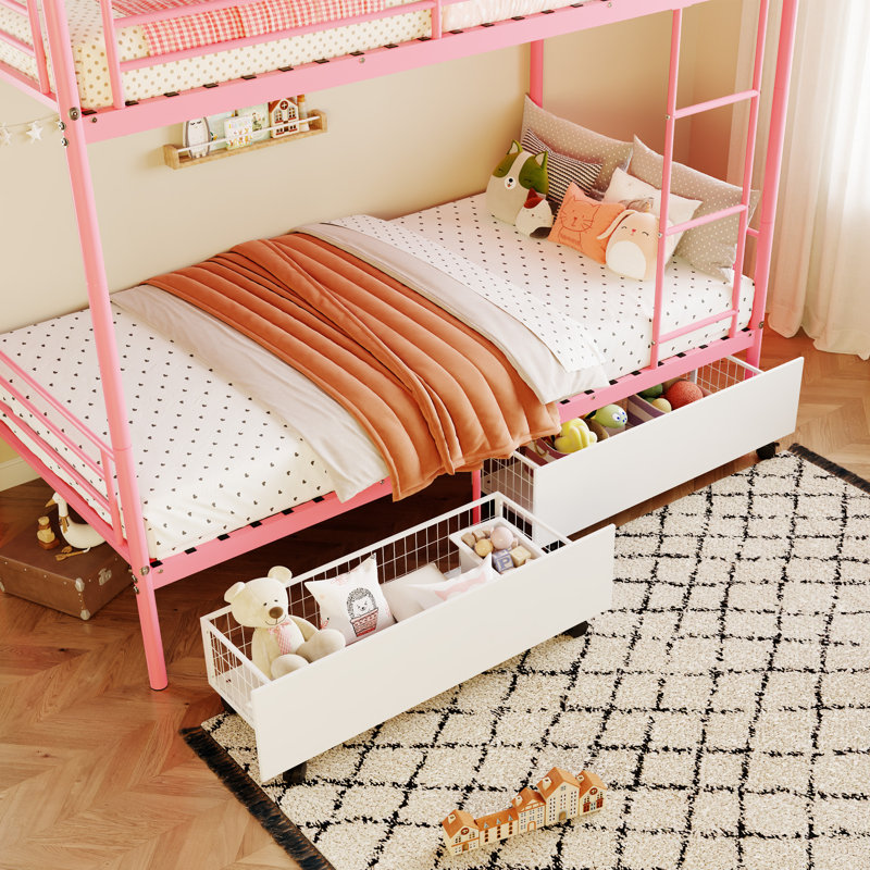 Lit superposé avec station de charge USB, capable de se séparer, lit superposé en métal, espace de rangement, lit avec barrière de sécurité et échelles, aucun sommier nécessaire, rose