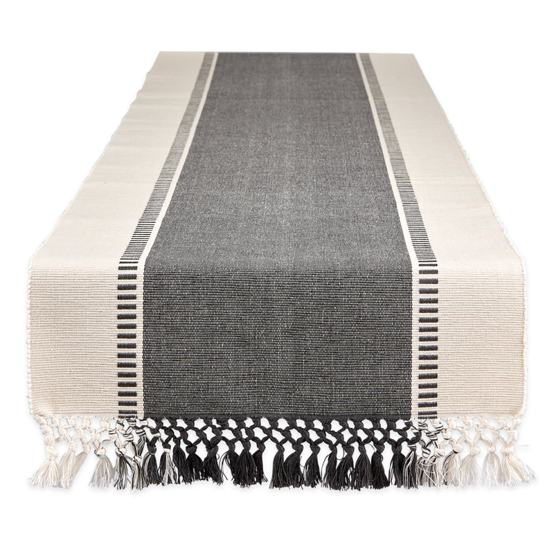 Mineral Gray Striped Cotton Table Runner with Tassels