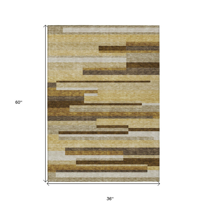 3' X 5' Khaki Taupe And Gold Striped Washable Indoor Outdoor Area Rug