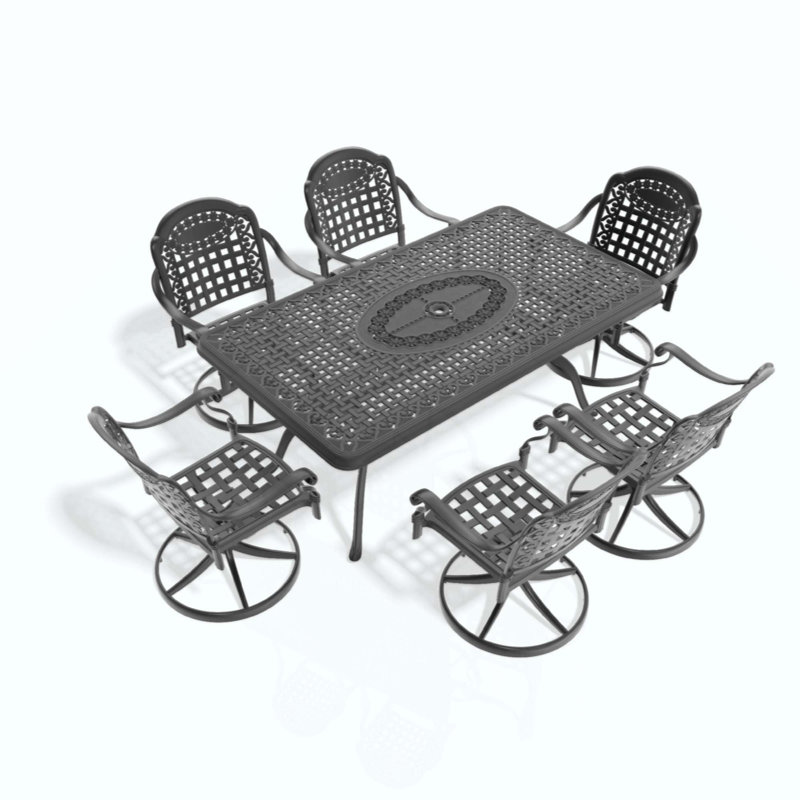 Ensemble de salle à manger 7 pièces en fonte d'aluminium toutes saisons, comprenant 6 chaises pivotantes et une table rectangulaire avec cadre