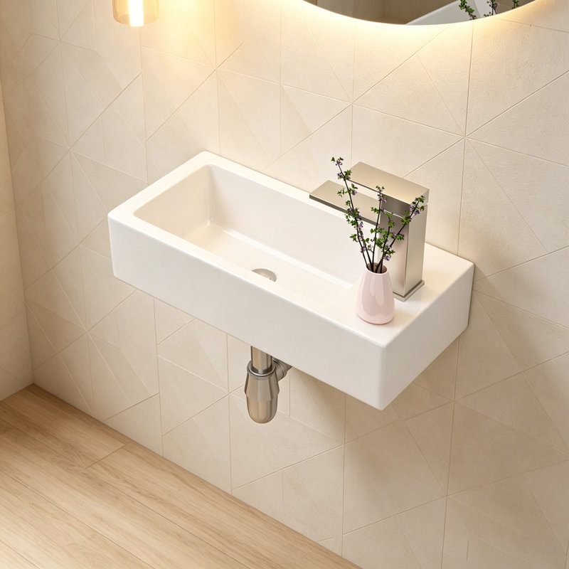 Ceramic Rectangle Wall Mount Bathroom Sink With Single Faucet Hole