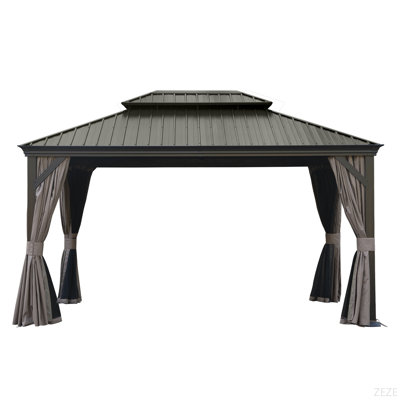 10' X 14' Hardtop Gazebo, Upgraded Metal Gazebo With Drainage System, Dual-Layer Galvanized Steel Roof, Curtain And Netting, Outdoor Shelter Canopy For Patio, Garden, And Backyard