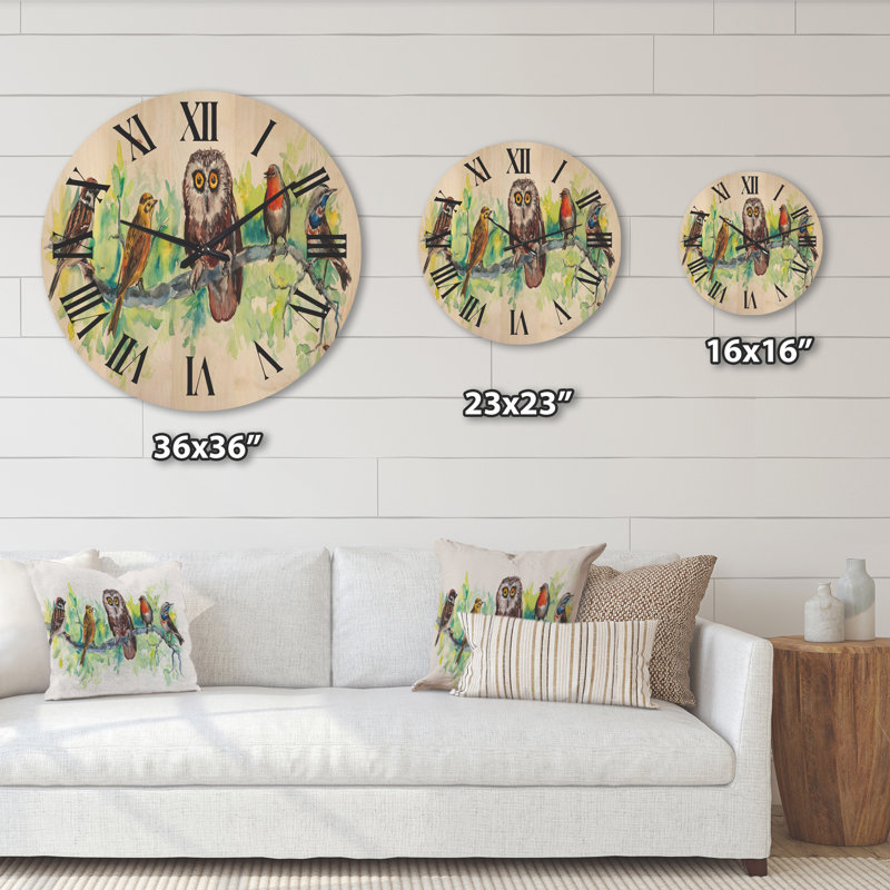 Horloge murale hibou sur une branche avec des amis oiseaux, Moyen
