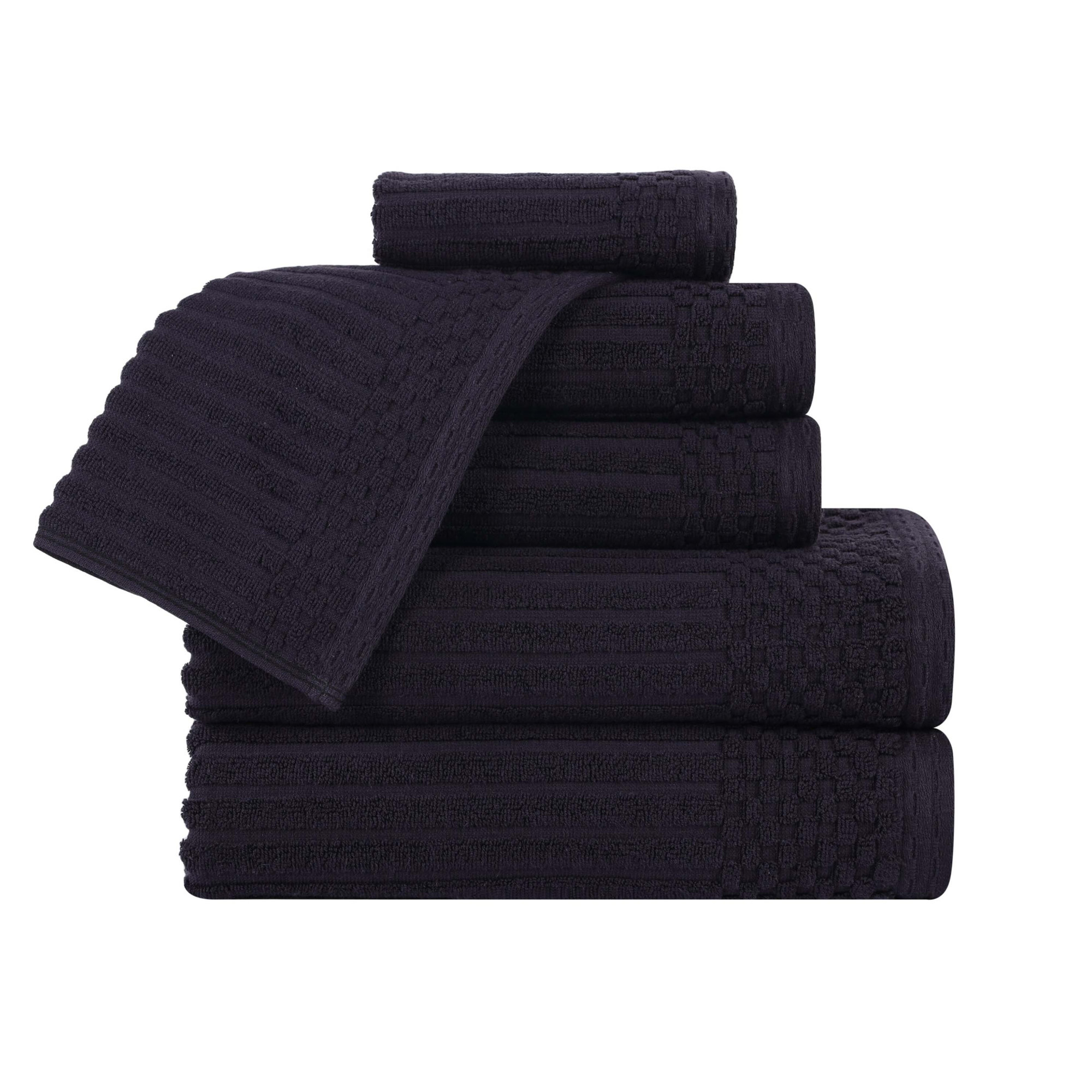 Ruvins Cotton Highly Absorbent 6-Piece Solid and Checkered Border Towel Set, Black