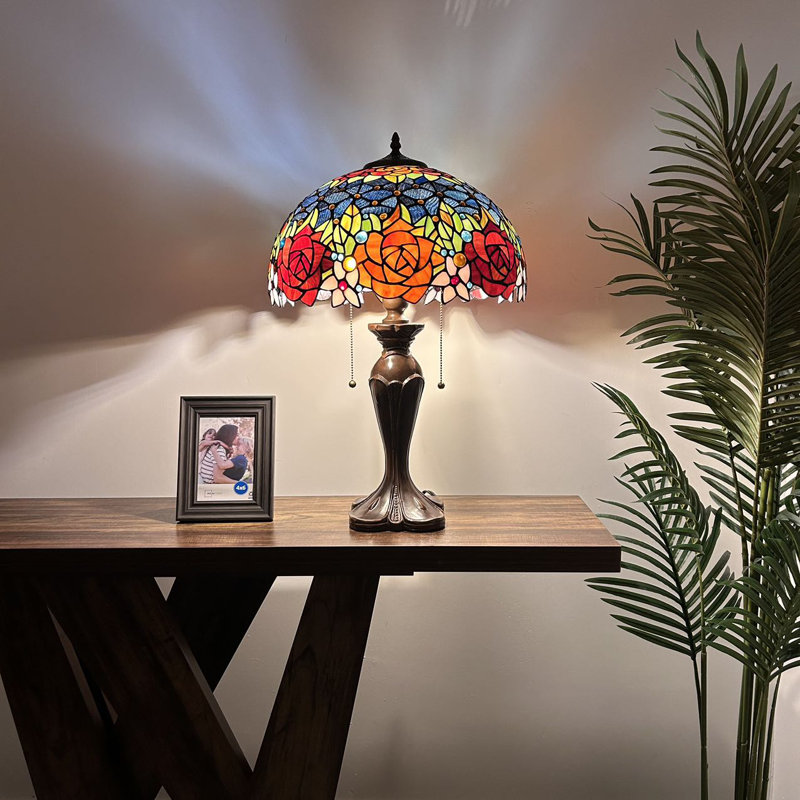 Godric Tiffany Table Lamp Stained Glass Rose Flowers LED Bulbs Included 16"W*16"D*24"H, Blue
