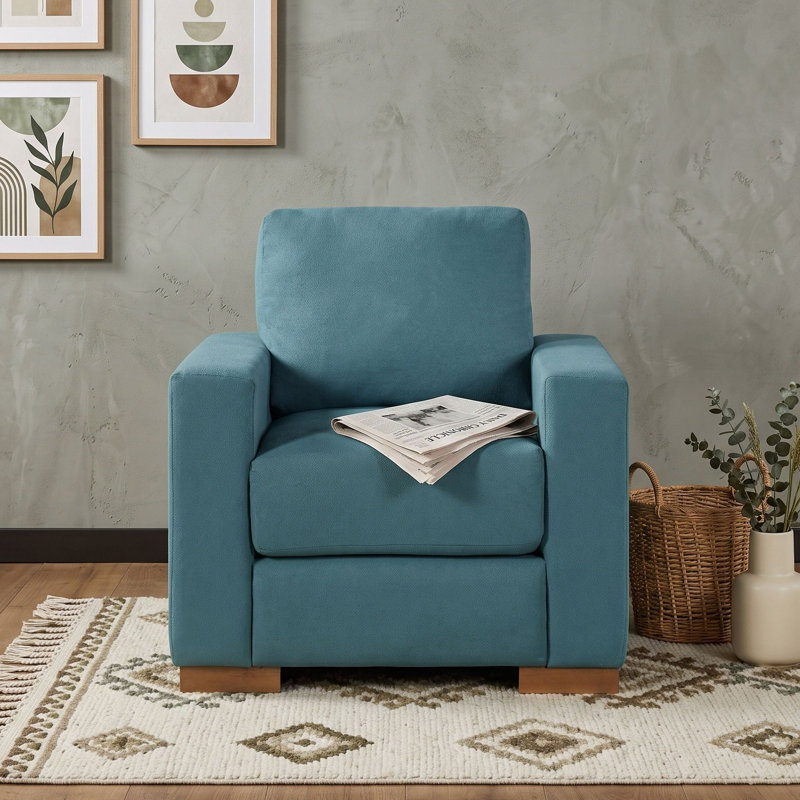 Fauteuil rembourré avec piètement en bois, Bleu
