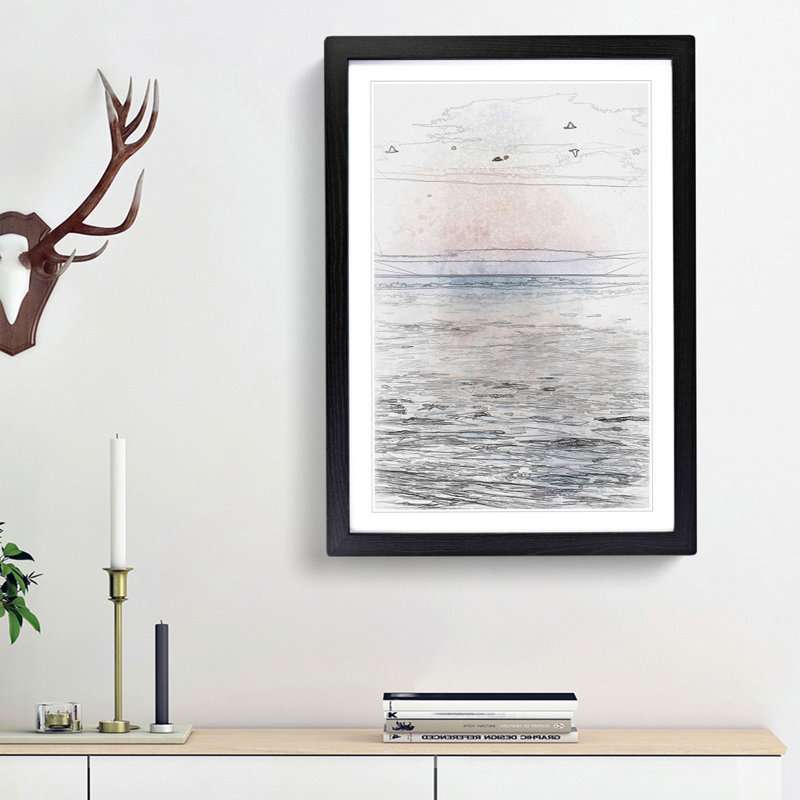 Birds Above the Ocean in Abstract - Picture Frame Graphic Art Print, 65cm H x 48cm W x 2cm D, Black Framed