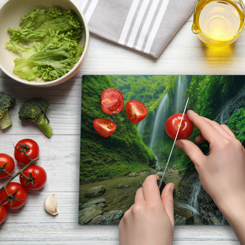 Ambesonne Scenery Cutting Board Large Size Waterfall Forest Green and Brown