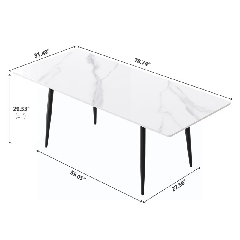 Table de salle à manger 78,74 "en pierre artificielle blanche moderne, Noir, noir, noir, noir