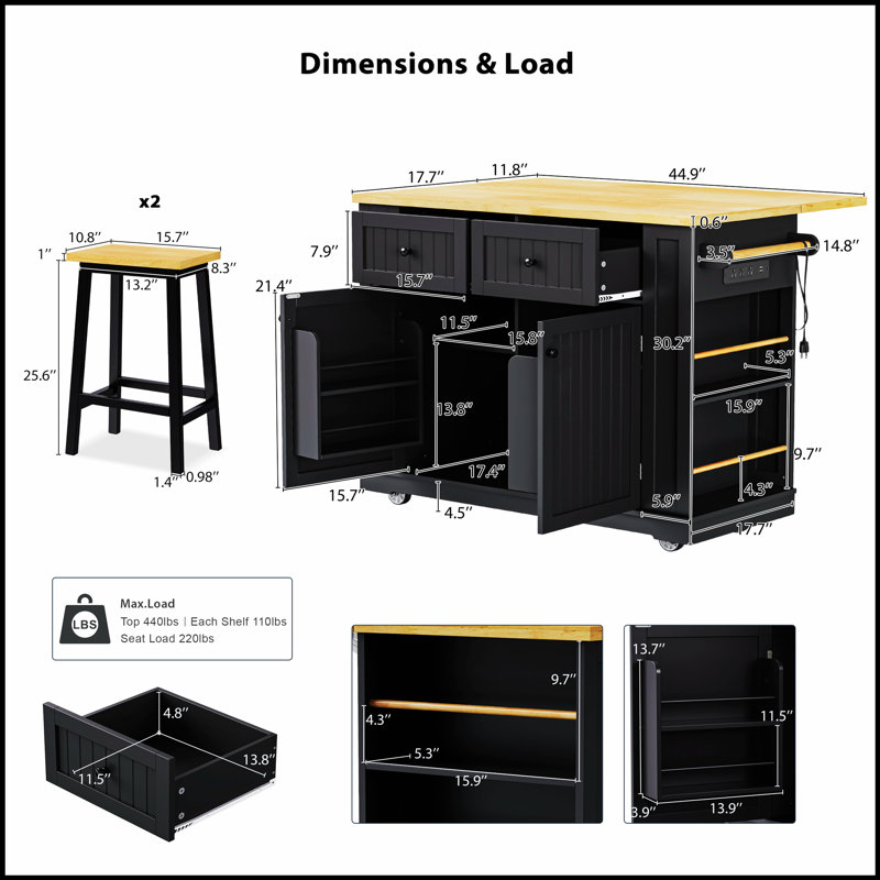 48-Inch Large Kitchen Island With 2 Bar Stools, Power Outlet, And Multiple Storage Options For Modern Kitchens And Dining Rooms