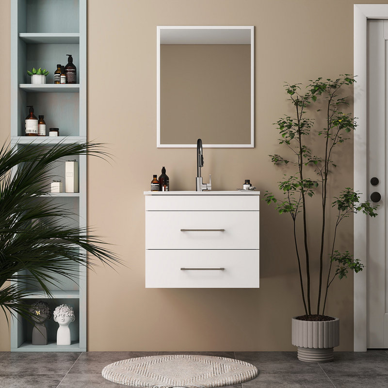  Meuble-lavabo mural en bois avec tiroirs doubles, système de fermeture en douceur, lavabo en céramique et miroir en aluminium - créez un espace de salle de bain moderne et minimaliste!