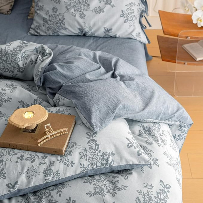 Retro Monet Linen Bowknot Cotton Duvet Cover Set, Blue, Queen Duvet Cover + 2 Queen Pillowcases