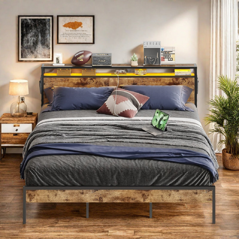Annice Bed Frame with LED Light and Charging Station,Metal Platform with Power Outlets,Noiseless,No Spring Box Needed, Queen