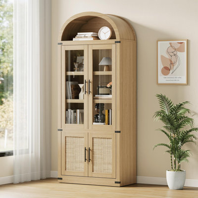 71.6" Arched Bookcase with Glass & Rattan Doors, 6-Tier Modern Farmhouse Storage Cabinet