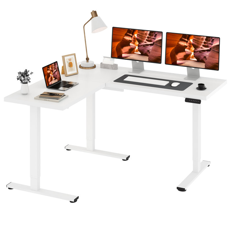 L-Shaped Home Office Height Adjustable Standing Desk, White/White, 47.2" H x 63" W x 39.4" D