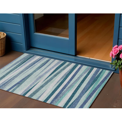 Tapis extérieur lavable rayé bleu sarcelle 3 pi x 5 pi bleu sarcelle et ivoire