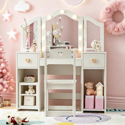 Kids Vanity Table Set with Touch LED Lights, Detachable Tri-Folding Mirror, Matching Stool, 2 Drawers, Open Shelves and Cabinet Storage, Princess Makeup Desk for Girls Bedroom