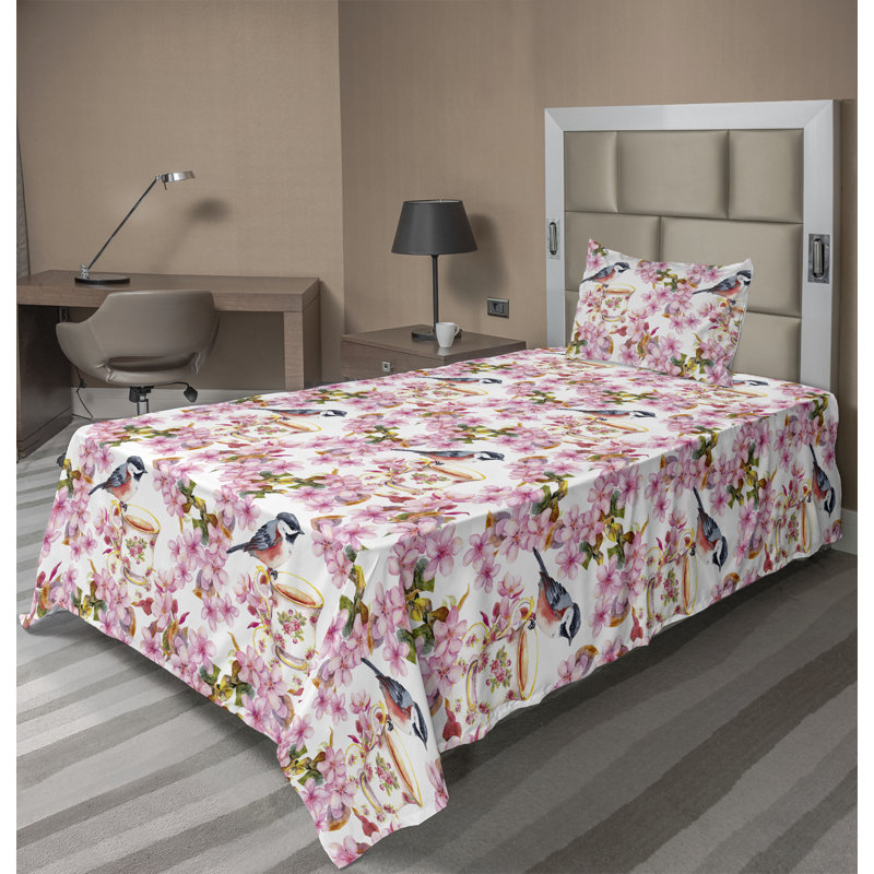 Ambesonne Watercolor Botany Sheet Set 4 Pcs Retro Boho Bloom, Twin Sheet Set with 1 Pillowcase, Off White Pale Pink Floral