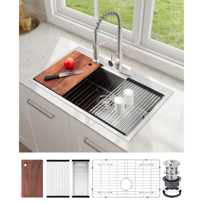 Drop-In Workstation Kitchen basin Kit, Single Bowl ultrafine Black 304 Stainless Steel 30x18x9 in, Bottom Grid + Pull-Out Spring Faucet, Single Hole - UK Standard - 1/2 Inlet Hose