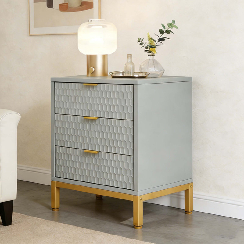 Modern Bedside Table Nightstand with 3 Drawers, Gray & Gold