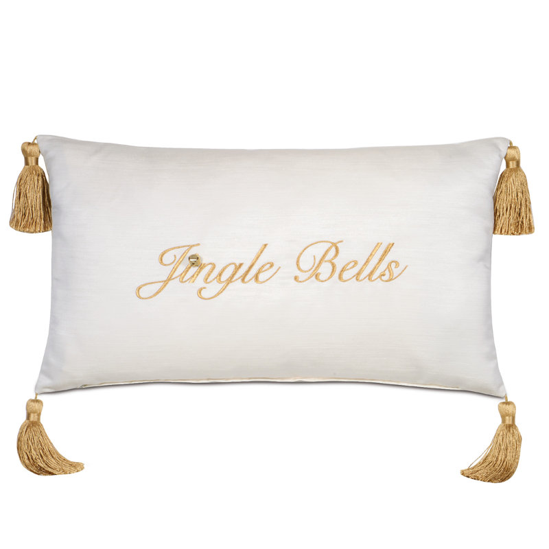 White and Gold Embroidered Lumbar Pillow with Tassels