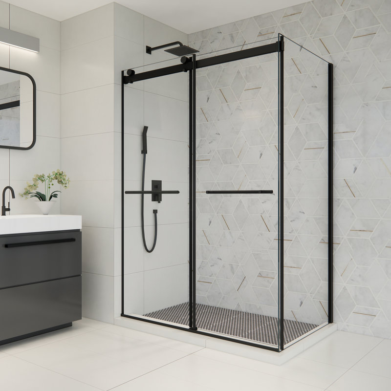 Belizzi 52" W x 76" H Frameless Matte Black Shower Enclosure with Clear Glass