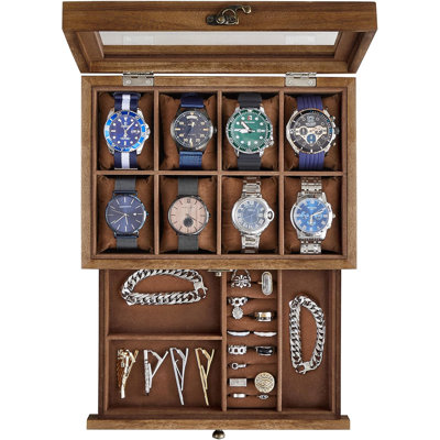 8-Slot Wooden Watch Box, Display Case with Large Glass Lid 2-Tier Watch Case for Jewelry, Removable Pillows, Velvet Lining, Gift Idea, Coffee Brown