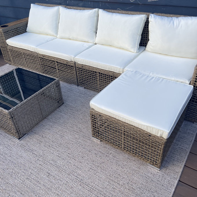 6 Pieces Outdoor Sectional Sofa Patio Furniture Sets Manual Weaving Wicker Rattan Patio Conversation Sets with Cushion and Glass Table