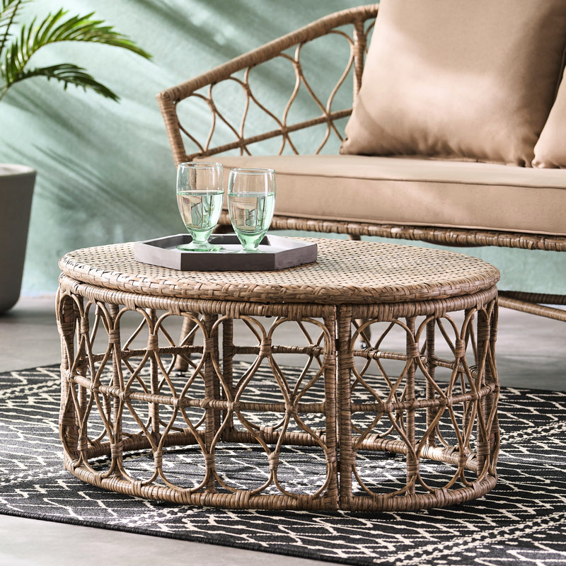 Table basse d'extérieur, tissé, P 24,48 po x l 32,29 po, H 15,07 po, brun, capacité de charge maximale de 225 lb, plateau tissé charmant, aspect terre, brun