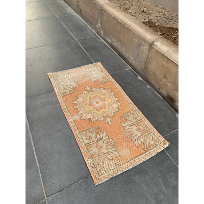 Vintage Wool Rug, 17.3x31.9 Inch Orange Patchwork Rug