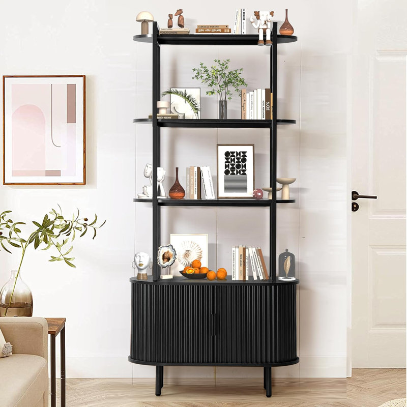 71" Tall Fluted Bookshelf With Sliding Tambour Doors, 4-Tier Book Shelf With Open Display Shelves And Adjustable Footpad, Modern Bookcase With Storage Cabinet For Living Room, Bedroom
