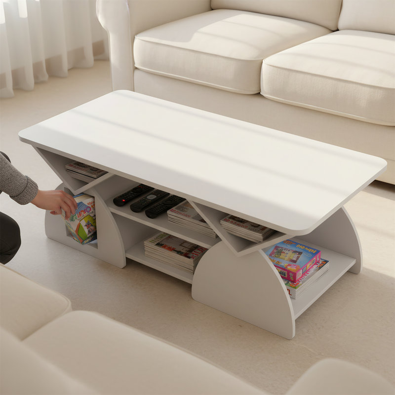 Table basse rectangulaire à coins arrondis avec tablettes ouvertes, table de rangement facile à assembler, Blanc