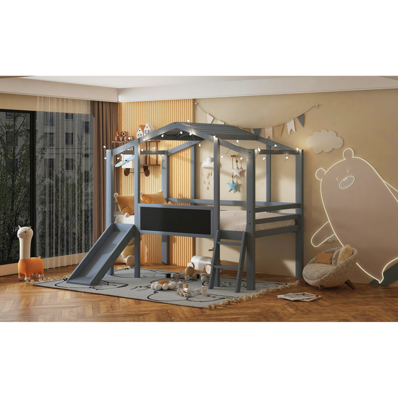 Lit mezzanine pour lit simple avec glissade en gris, tableau noir en forme de maison et bande séduisante sur le toit, 6 ans et plus gris, maison pour plus de ans