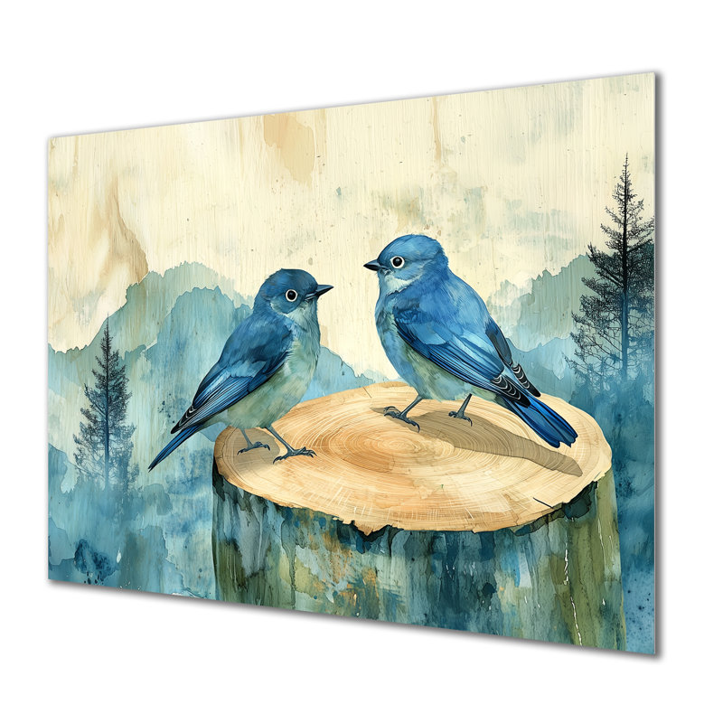 Oiseaux bleus et blancs sur une glissade en bois II - oiseau, décoration murale en métal, reproduction d'art moderne en métal