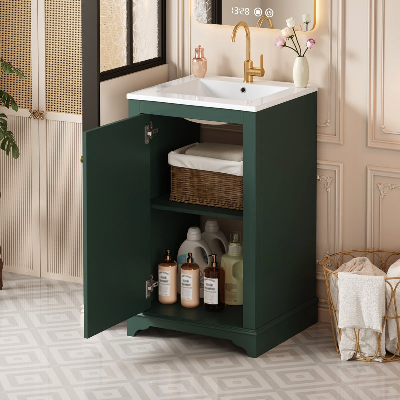 Meuble-lavabo de style shaker de 20,1 po x 18,4 po et 33,8 po avec lavabo, porte simple à fermeture en douceur et rangement pour petits articles de base en céramique de 20 po