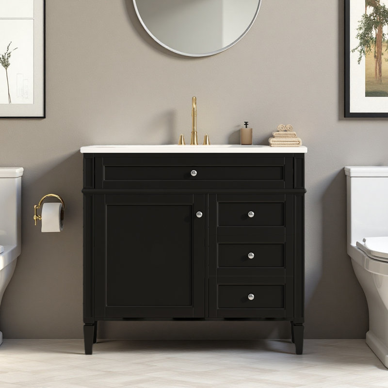 Meuble-lavabo 36 po avec lavabo en résine, tablette réglable, 2 tiroirs et un tiroir basculant